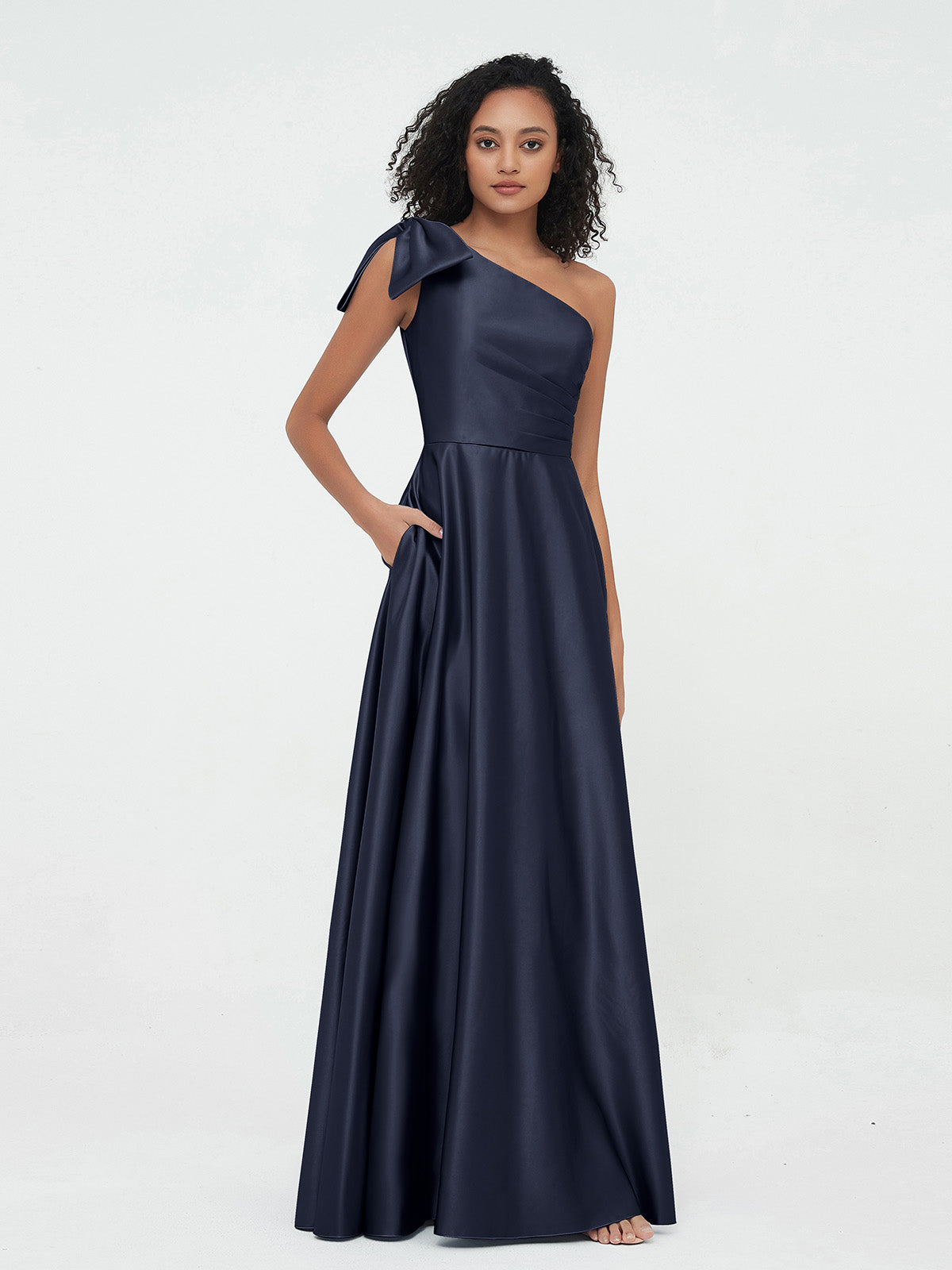 One-Shoulder Long Satin Dresses with Pockets-Dark Navy