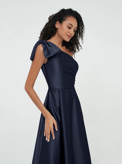 One-Shoulder Long Satin Dresses with Pockets-Dark Navy