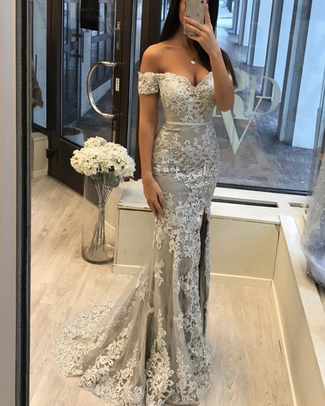 Off The Shoulder Lace Mermaid Prom Dresses With Slit