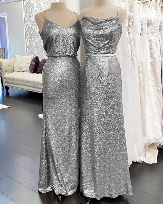Long Silver Sequin Bridesmaid Dress Spaghetti Strap