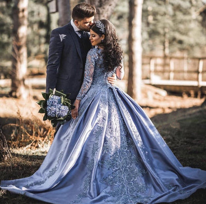 Silver Wedding Dresses Ball Gowns Lace Long Sleeves