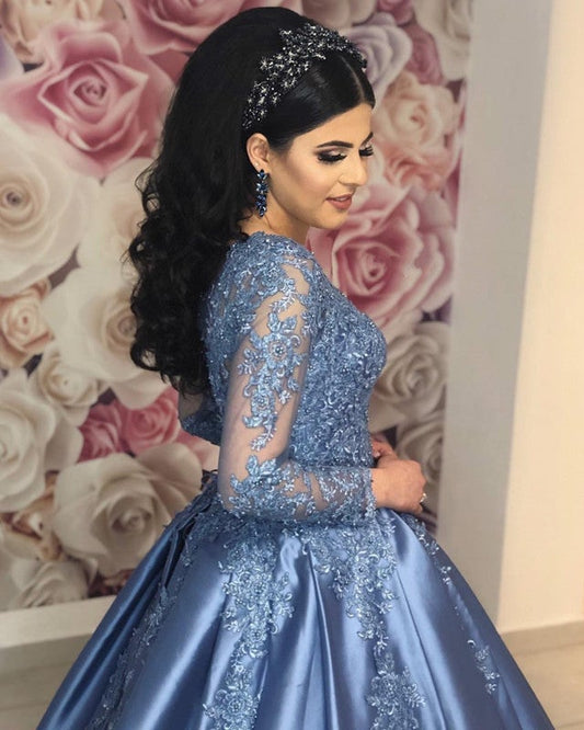 Silver Wedding Dresses Ball Gowns Lace Long Sleeves