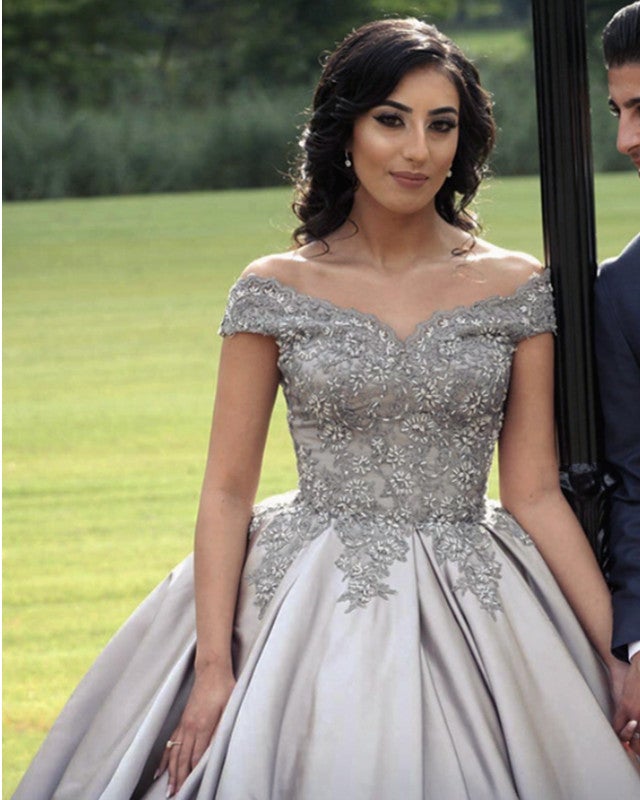 Silver Wedding Dresses Satin Ball Gown Lace Beaded Off Shoulder