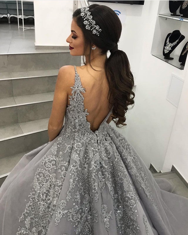 Silver Wedding Dresses Tulle Ball Gown Lace Embroidery