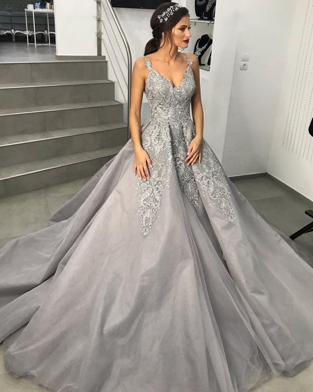 Silver Wedding Dresses Tulle Ball Gown Lace Embroidery