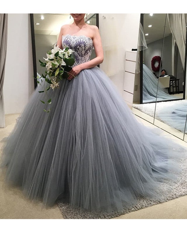 Silver Wedding Dresses Tulle Strapless Ball Gown Lace Appliques