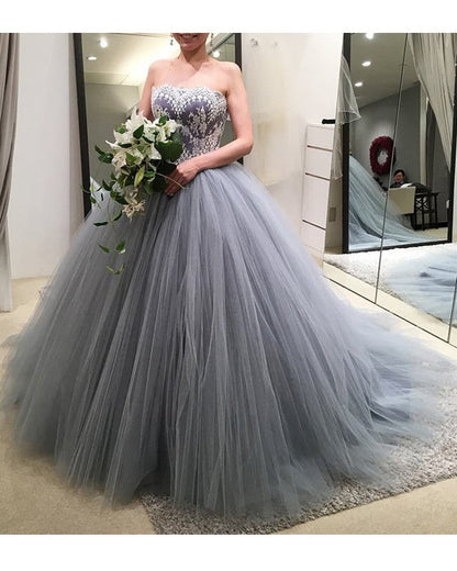 Silver Wedding Dresses Tulle Strapless Ball Gown Lace Appliques