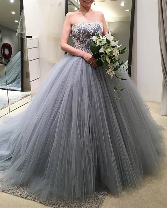 Silver Wedding Dresses Tulle Strapless Ball Gown Lace Appliques