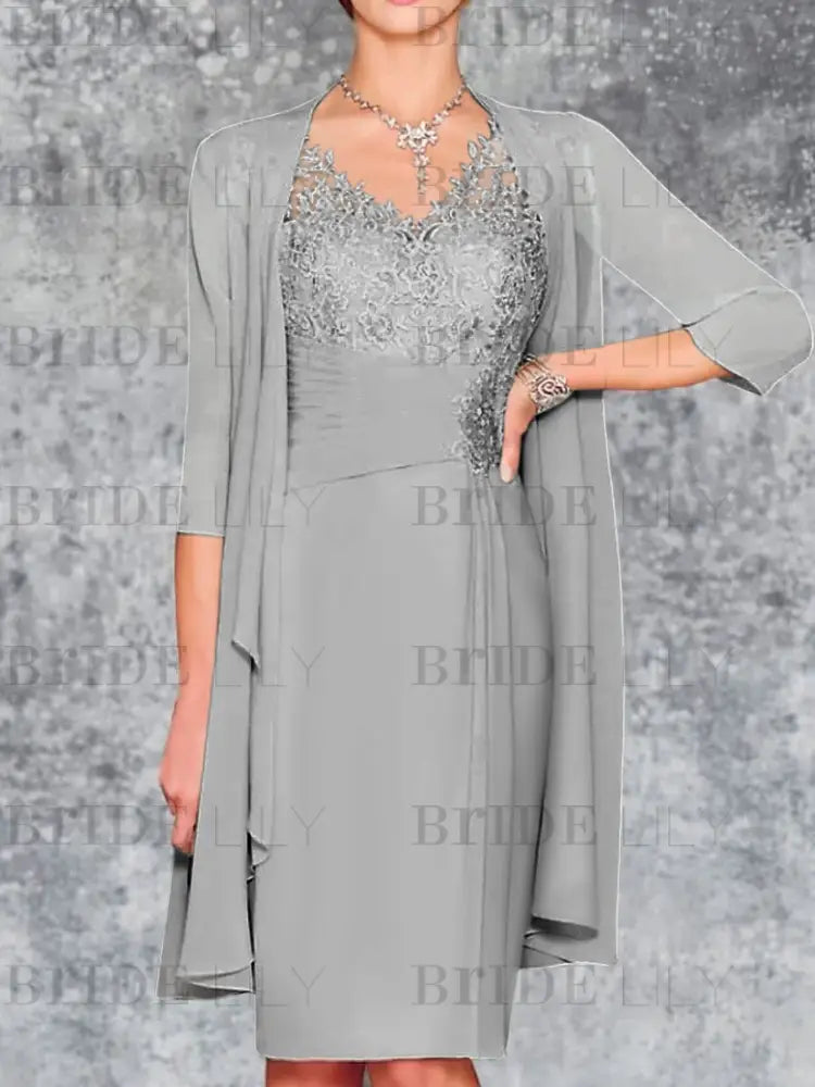 Two Piece Ruffle Chiffon Mother of the Bride Outfit Lace Short Wedding Guest Dress