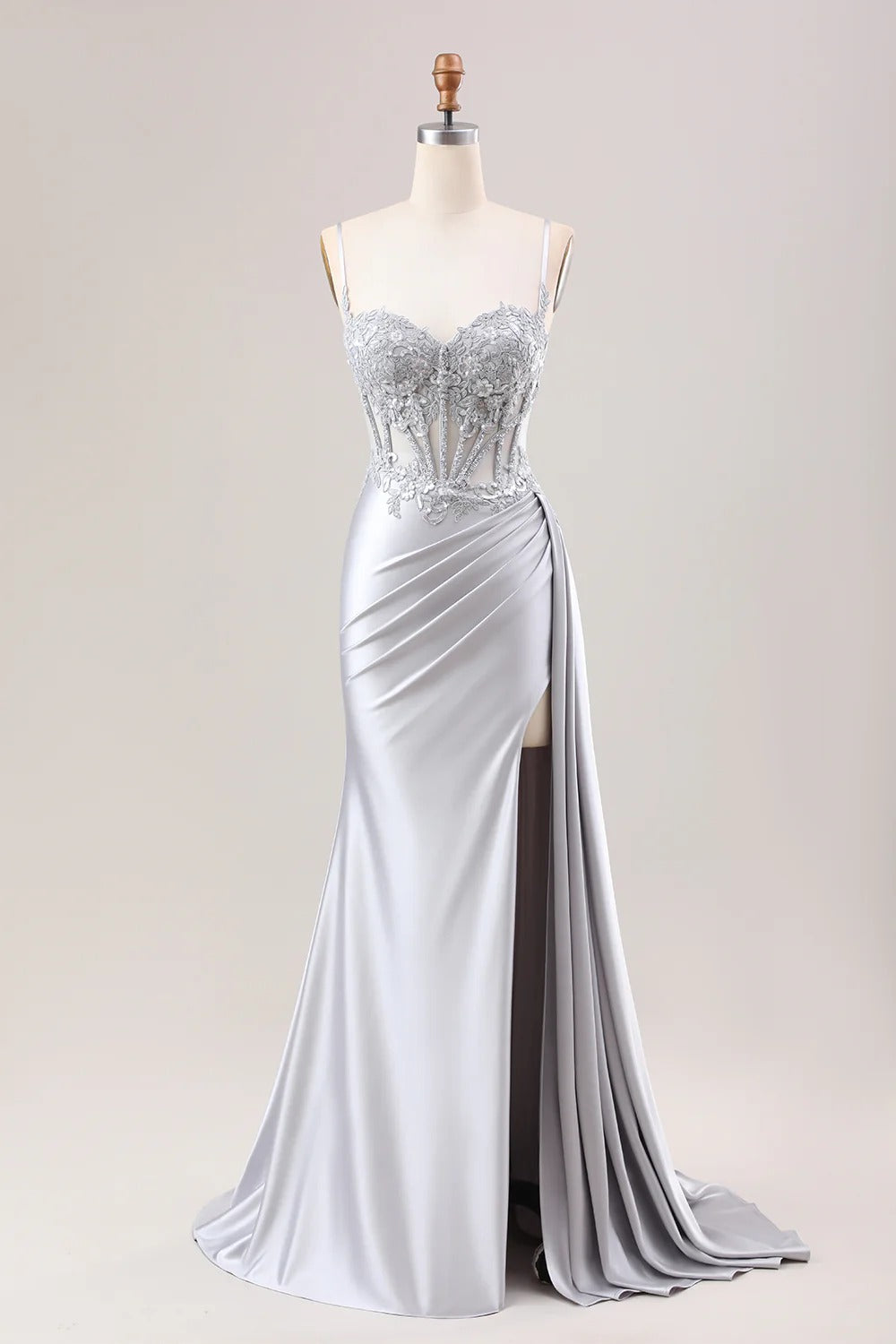 Silver Pleated Mermaid Sheer Long Corset Satin Prom Dress With Slit