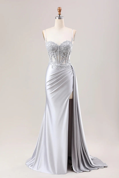 Silver Pleated Mermaid Sheer Long Corset Satin Prom Dress With Slit