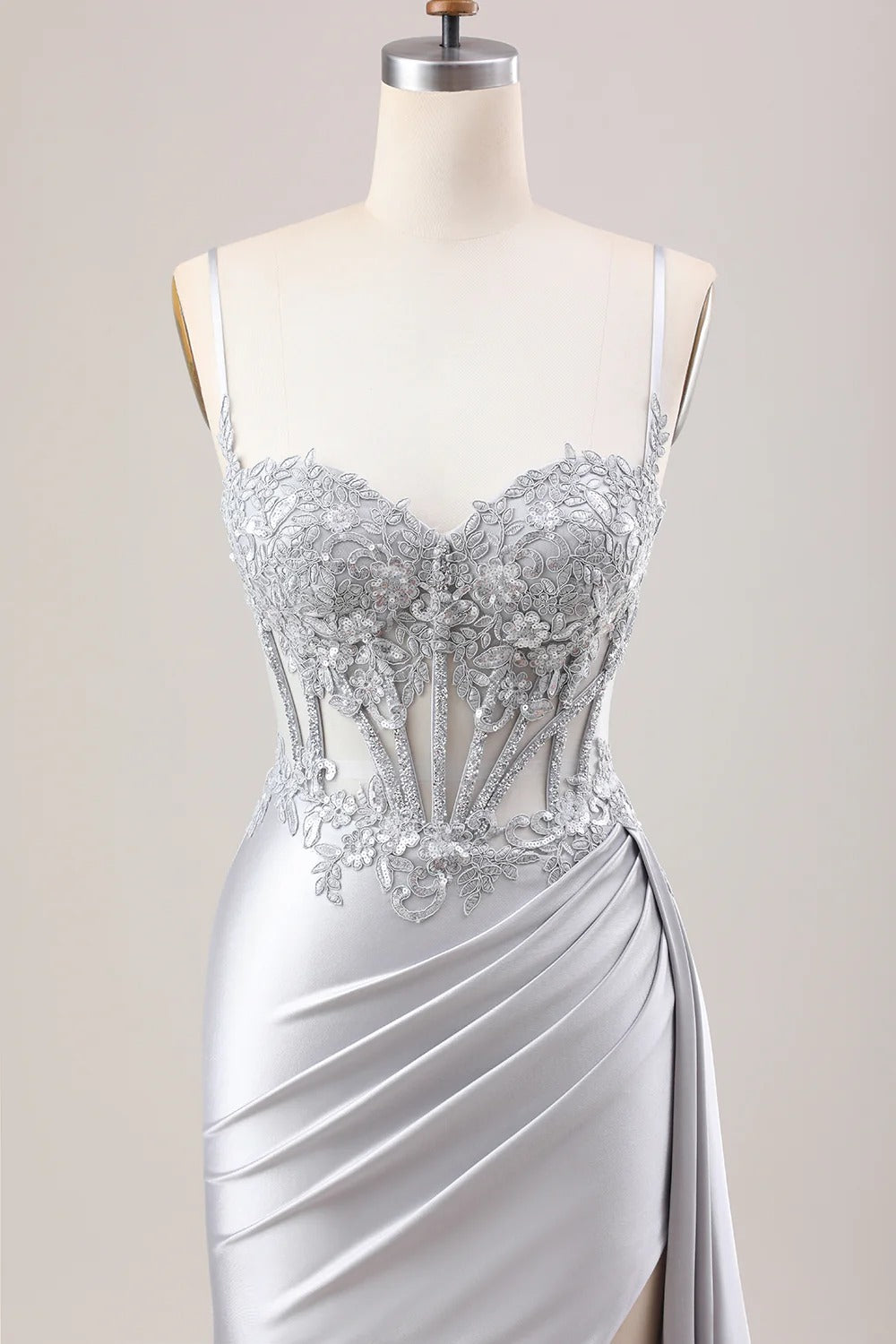 Silver Pleated Mermaid Sheer Long Corset Satin Prom Dress With Slit