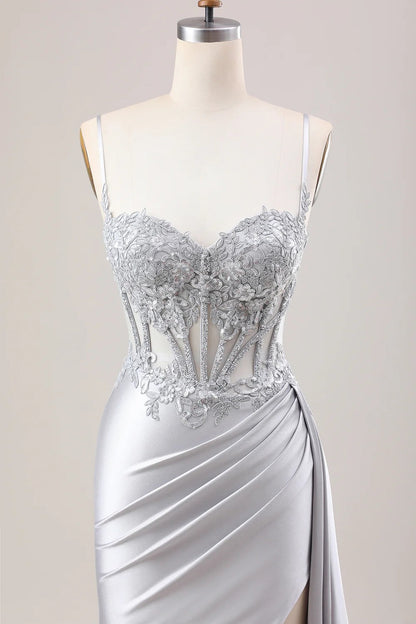 Silver Pleated Mermaid Sheer Long Corset Satin Prom Dress With Slit