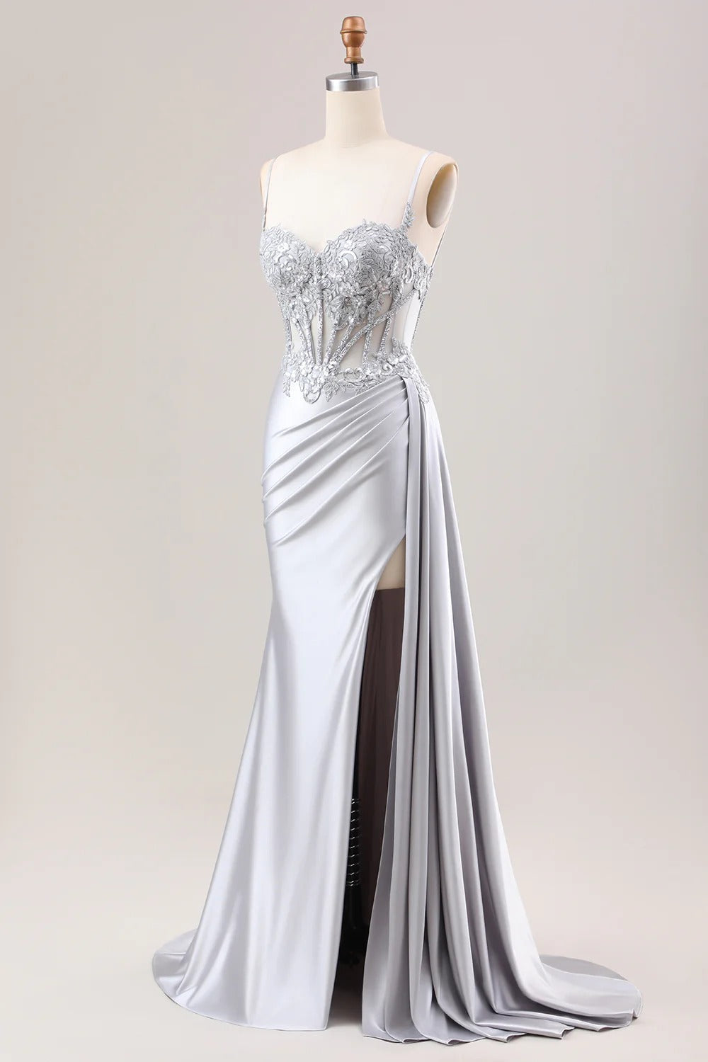 Silver Pleated Mermaid Sheer Long Corset Satin Prom Dress With Slit
