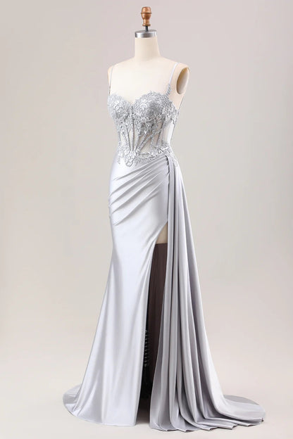 Silver Pleated Mermaid Sheer Long Corset Satin Prom Dress With Slit