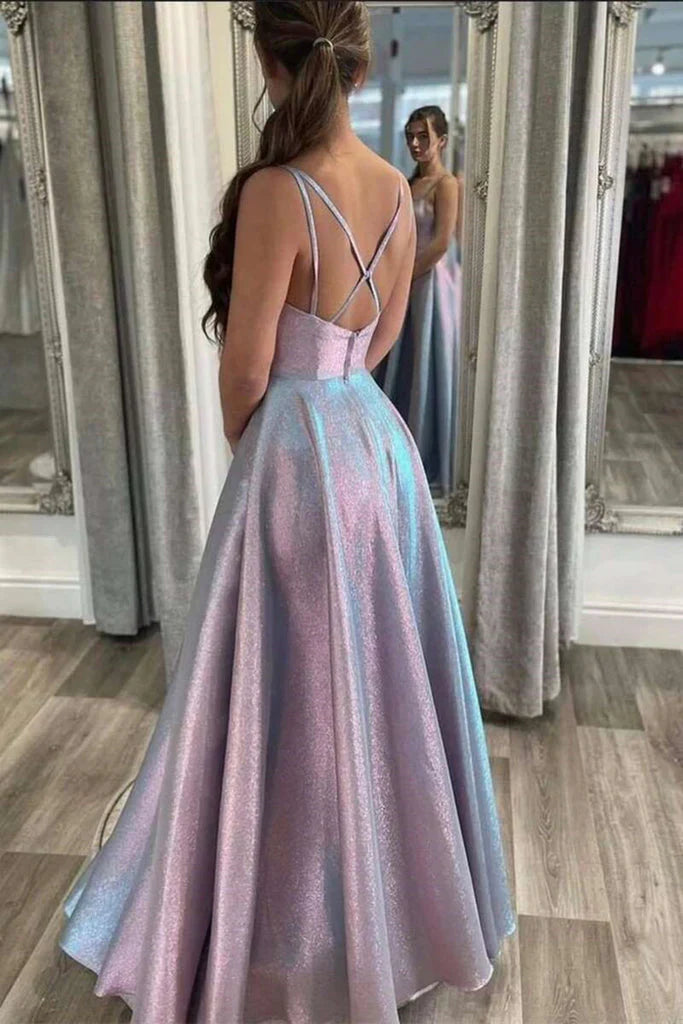 Aimishang Sexy Evening Dresses A Line V Neck Satin Open Back Long Prom Dresses