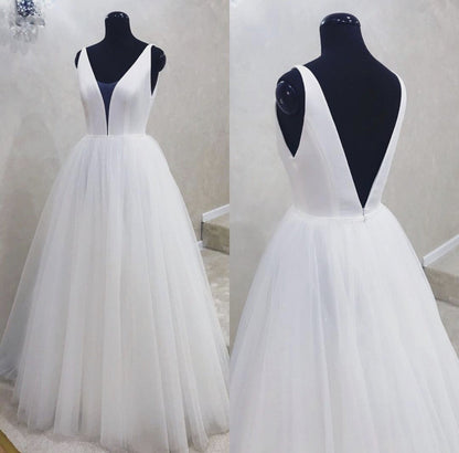 Simple Satin V-neck Tulle Floor Length Wedding Dresses
