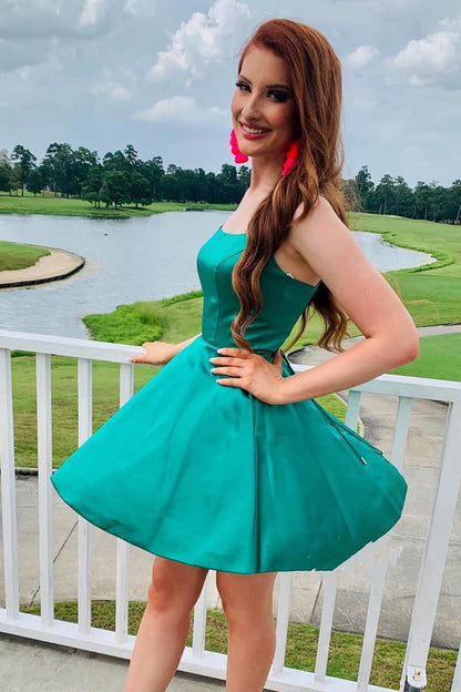 Simple A Line Spaghetti Straps Green Satin Short Prom Homecoming Dress, Short Green Formal Graduation Evening Dress A1658