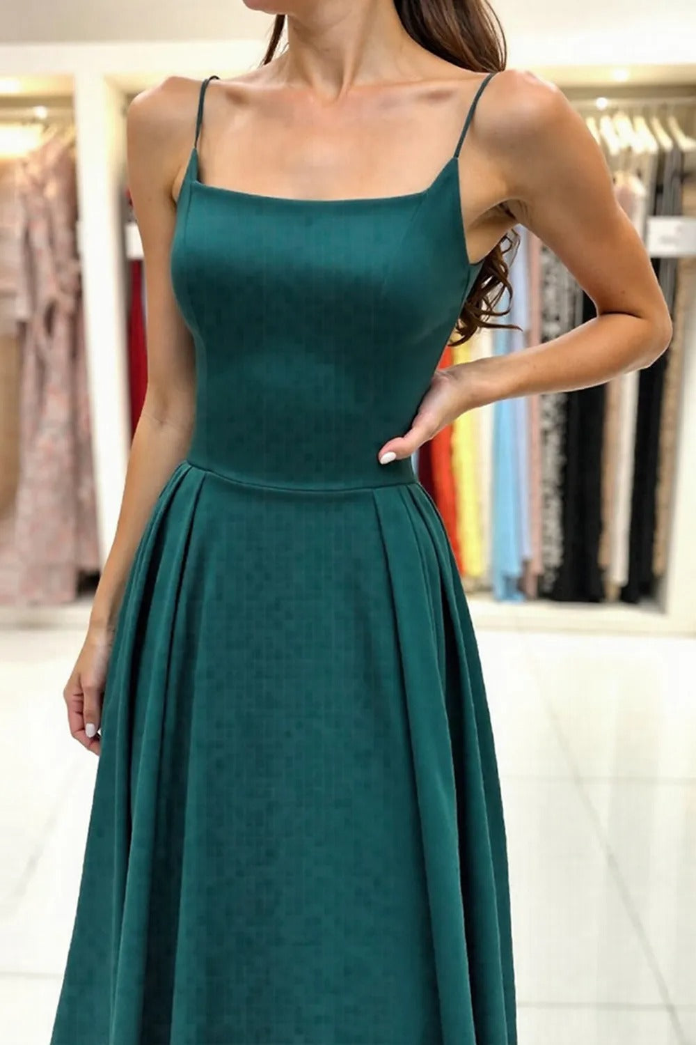 Simple Dark Green A Line Spaghetti Straps Long Prom Dress with Slit