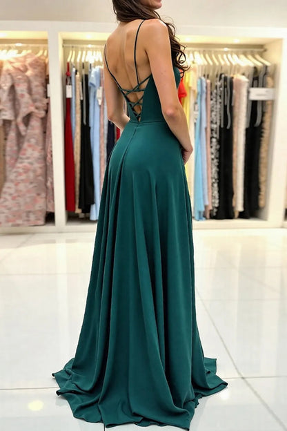 Simple Dark Green A Line Spaghetti Straps Long Prom Dress with Slit
