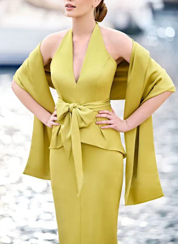 Bow wrap/column neck hanging mother of the bride dress