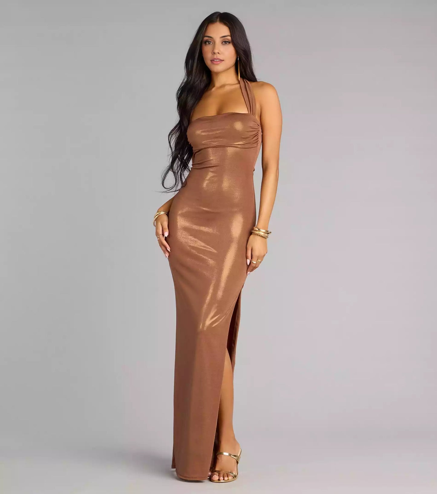 Simple square hanging neck collar, high slit, floor length skirt, close fitting silhouette Prom Dresses