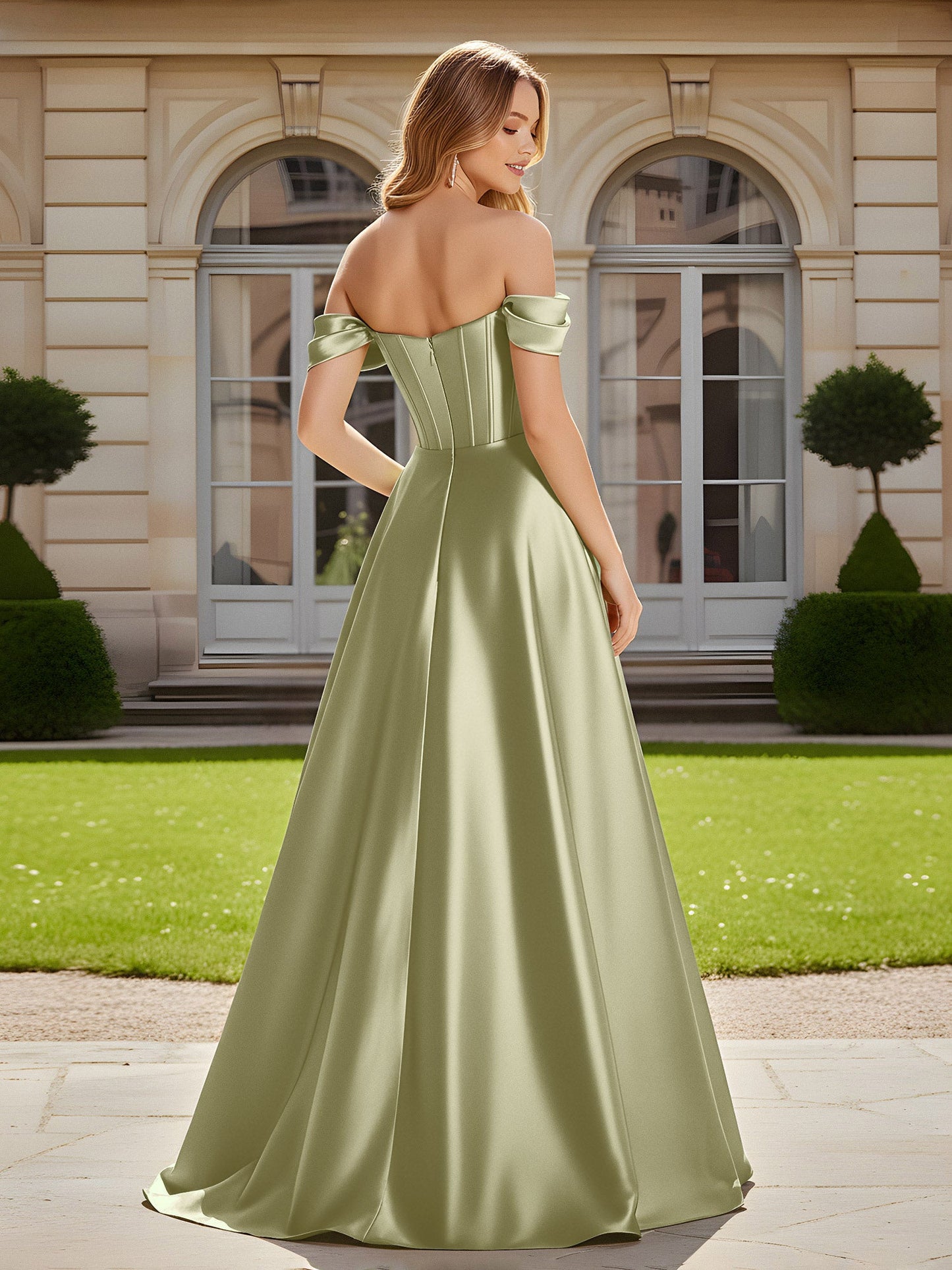 Elegant Off-the-shoulder Pleated Maxi Gown With Slit Dusty Sage
