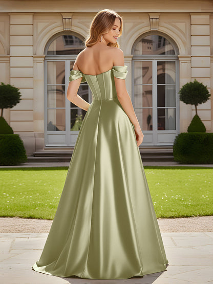 Elegant Off-the-shoulder Pleated Maxi Gown With Slit Dusty Sage