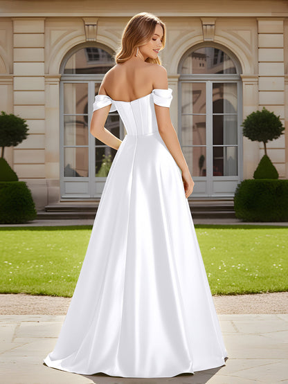Elegant Off-the-shoulder Pleated Maxi Gown With Slit White
