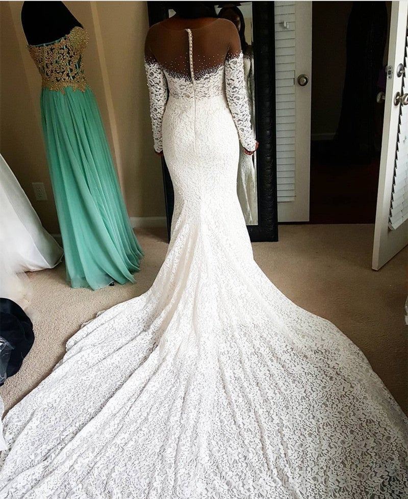 Skin Color Tulle Neck Long Sleeves Lace Mermaid Chapel Train Wedding Dresses