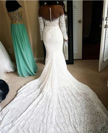 Skin Color Tulle Neck Long Sleeves Lace Mermaid Chapel Train Wedding Dresses