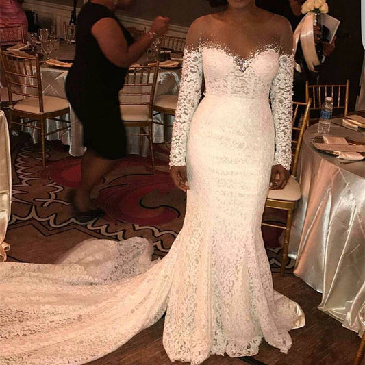 Skin Color Tulle Neck Long Sleeves Lace Mermaid Chapel Train Wedding Dresses