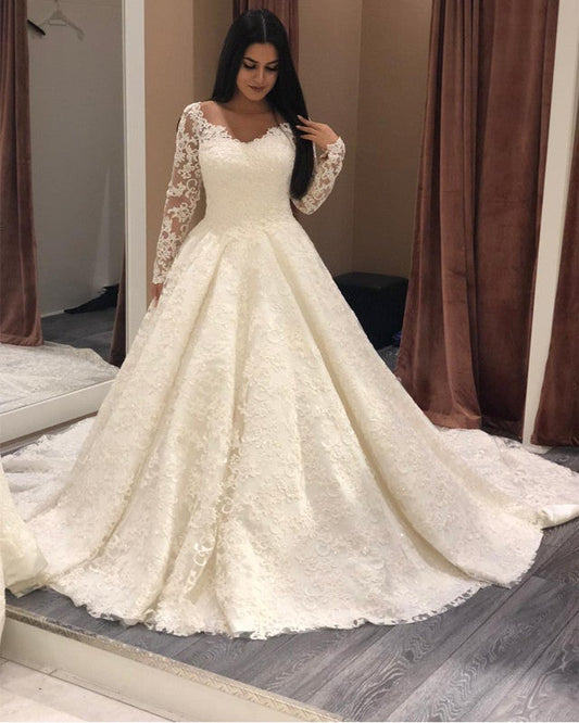 Skin Color Tulle Neckline Long Sleeves Lace Wedding Dresses