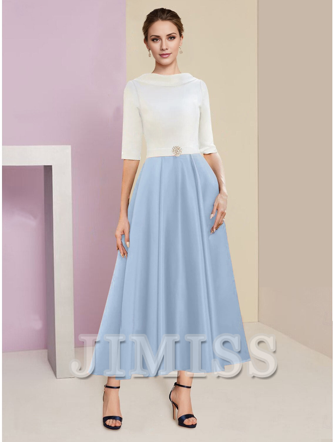 A-Line Mother of the Bride Dress Wedding Guest Elegant Vintage Jewelry Collar Tea Length Charmeuse Satin Half Sleeves with Ruffles Crystals