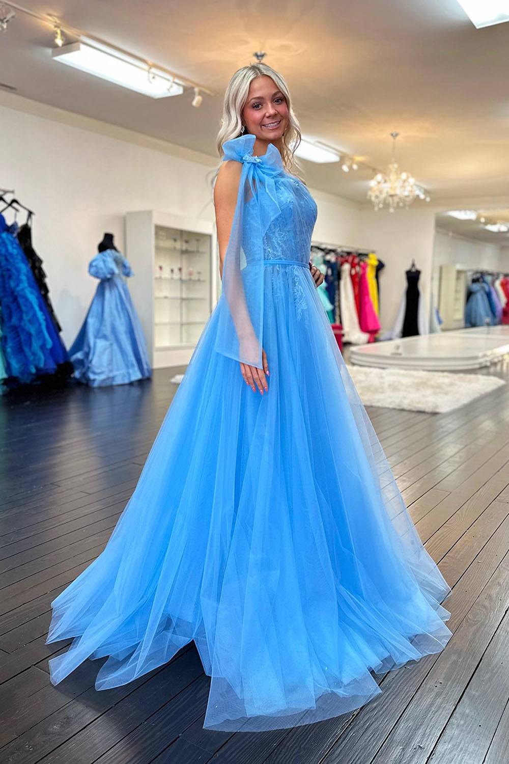 Blue One Shoulder A-Line Tulle Long Prom Dress with Bow