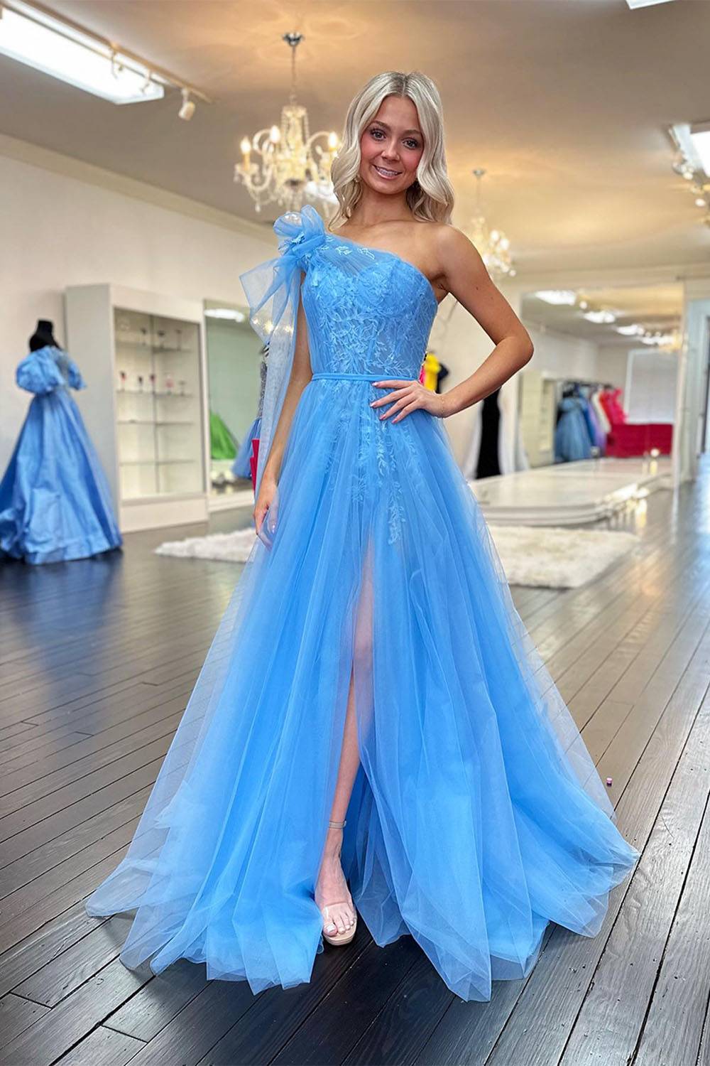 Blue One Shoulder A-Line Tulle Long Prom Dress with Bow