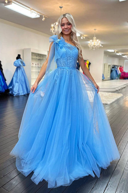 Blue One Shoulder A-Line Tulle Long Prom Dress with Bow