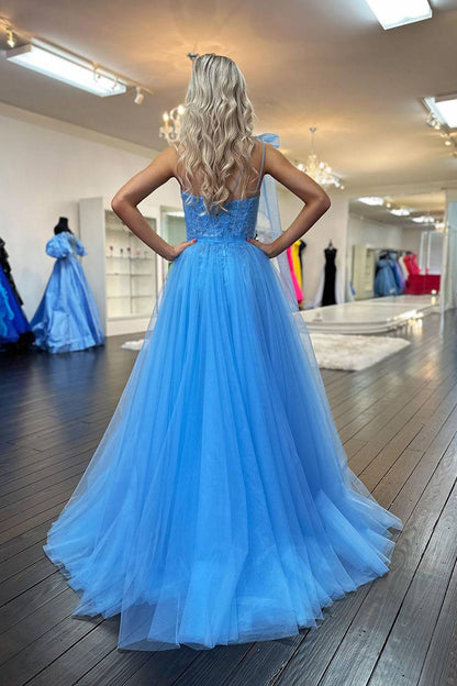 Blue One Shoulder A-Line Tulle Long Prom Dress with Bow