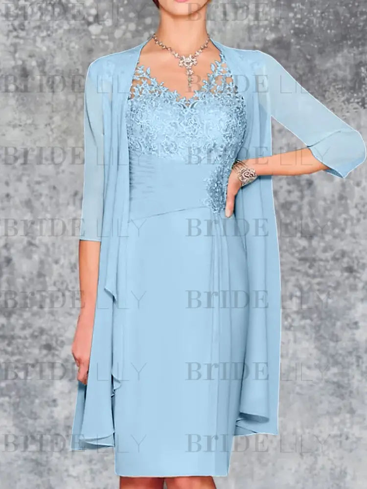 Two Piece Ruffle Chiffon Mother of the Bride Outfit Lace Short Wedding Guest Dress