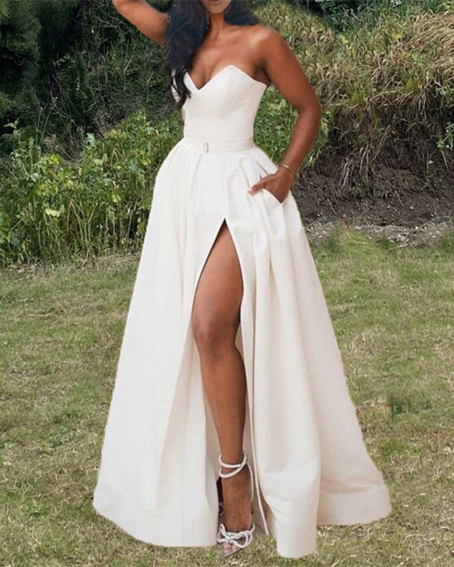 Simple Wedding Dress Satin Split With Pockets