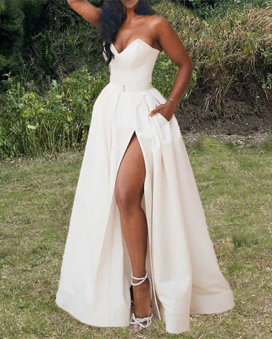 Simple Wedding Dress Satin Split With Pockets
