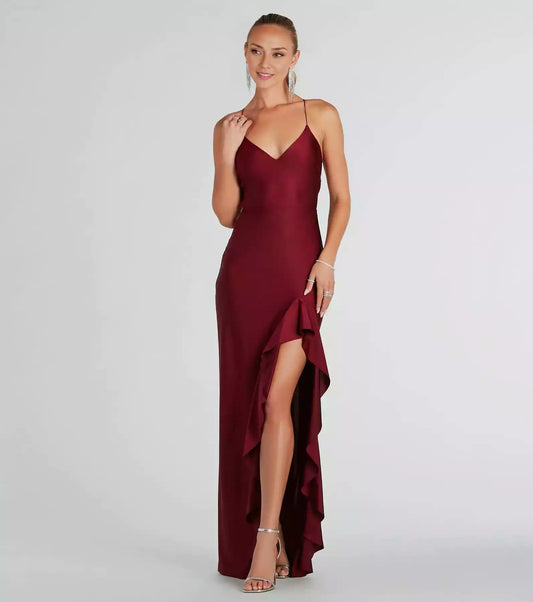 Sleeveless V-neck elastic thin shoulder straps, backless cross straps, slim fit corset with front slit, ruffle edge and floor Prom Dresses