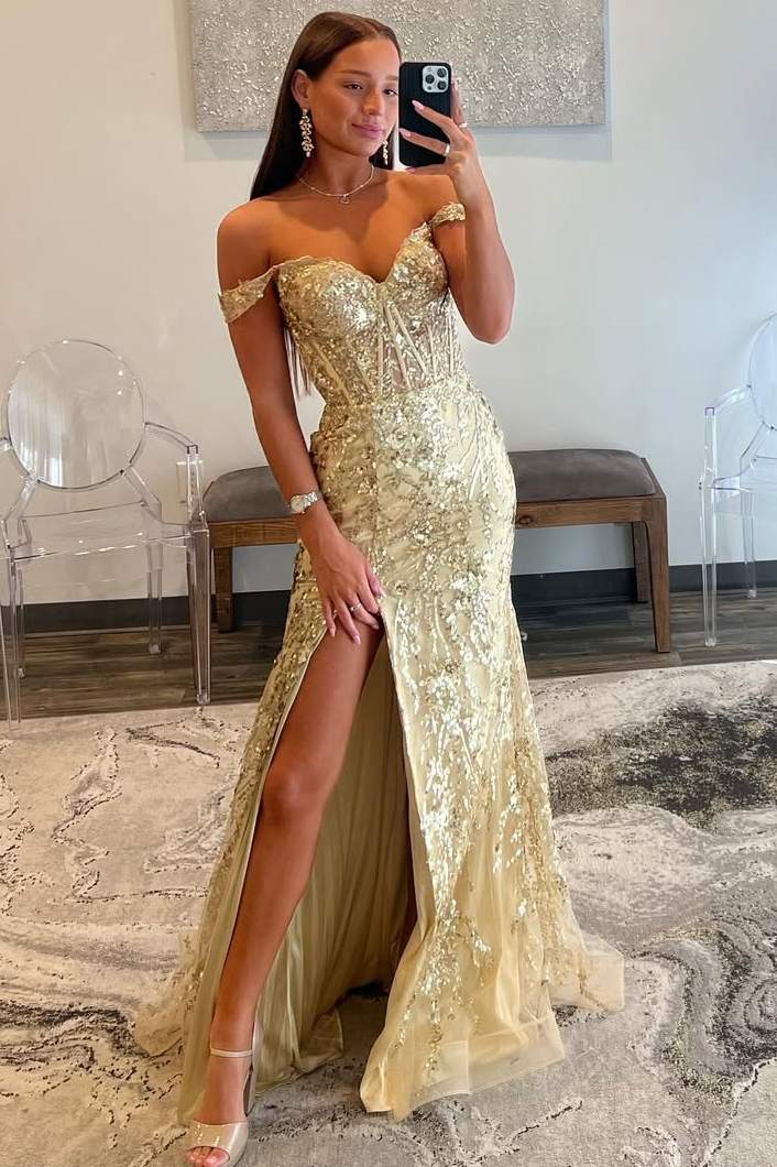 Off-the-Shoulder Sequin Lace Mermaid Long Dress with High Slit