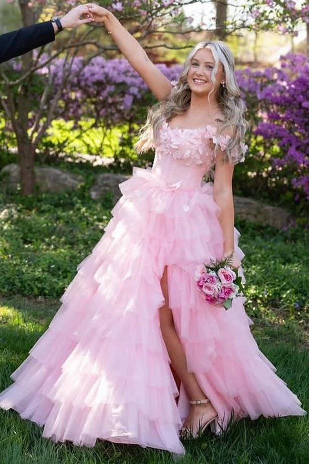 3D Floral Lace Off-the-Shoulder Ruffle Tiered Prom Gown