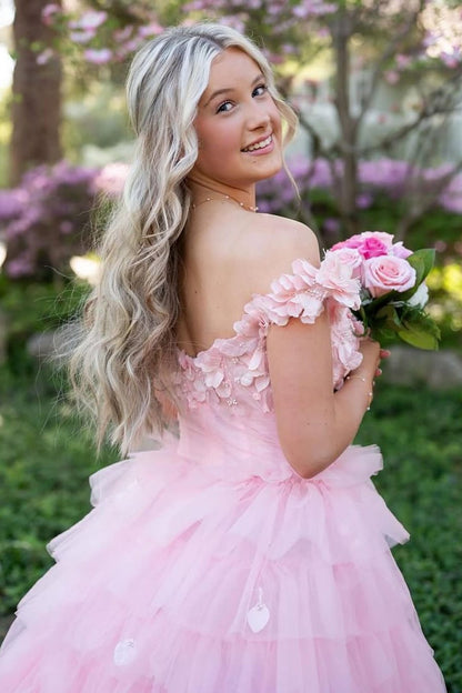 3D Floral Lace Off-the-Shoulder Ruffle Tiered Prom Gown