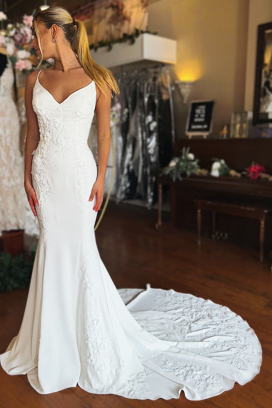 Modest Spaghetti Straps Mermaid/Trumpet White Wedding Gown