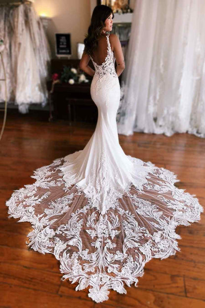 Mermaid V-Neck Lace Appliques Sweep Train Wedding Dress