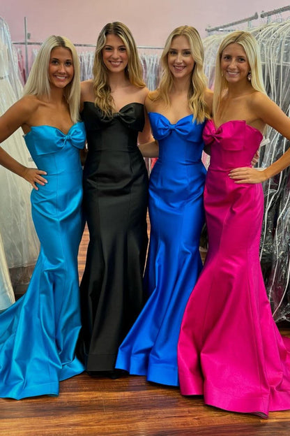 Classy Mermaid Strapless Bow Satin Ruched Sleeveless Long Prom Dress