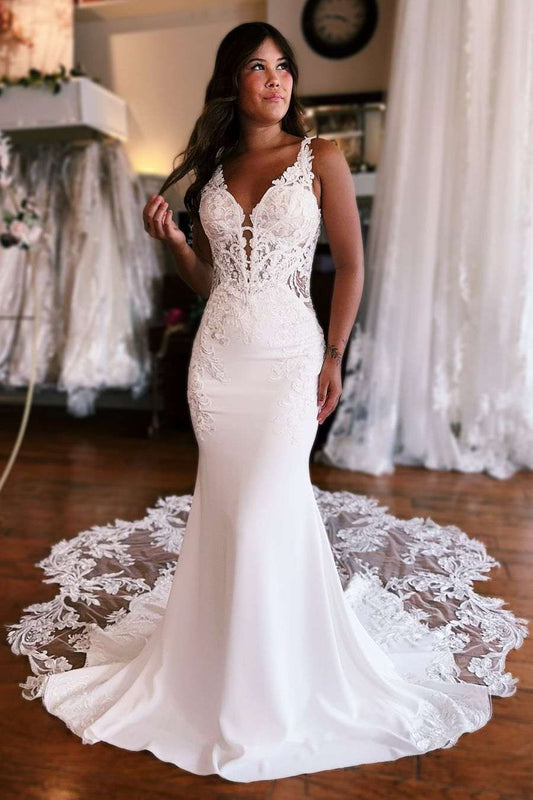 Mermaid V-Neck Lace Appliques Sweep Train Wedding Dress
