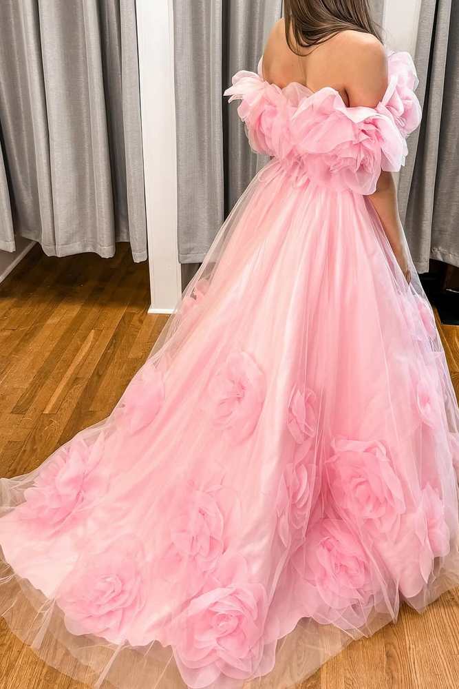 Rosette Pink Off-Shoulder A-Line Tulle Ball Gown with Rose Petals